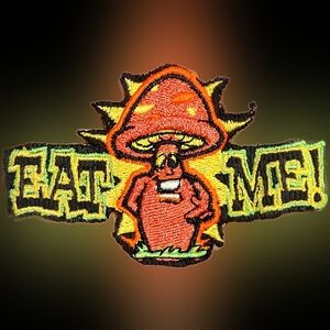 Vtg 90s rad neon psychedelic cartoon mushroom eat me graphic iron on patch